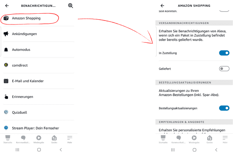 Die Benachrichtigungen über den Versand und Bestellstatus werden in der Alexa App deaktiviert